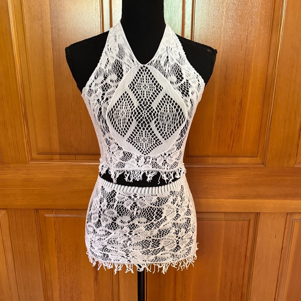 White Crochet Halter Two-Piece Swim Set.